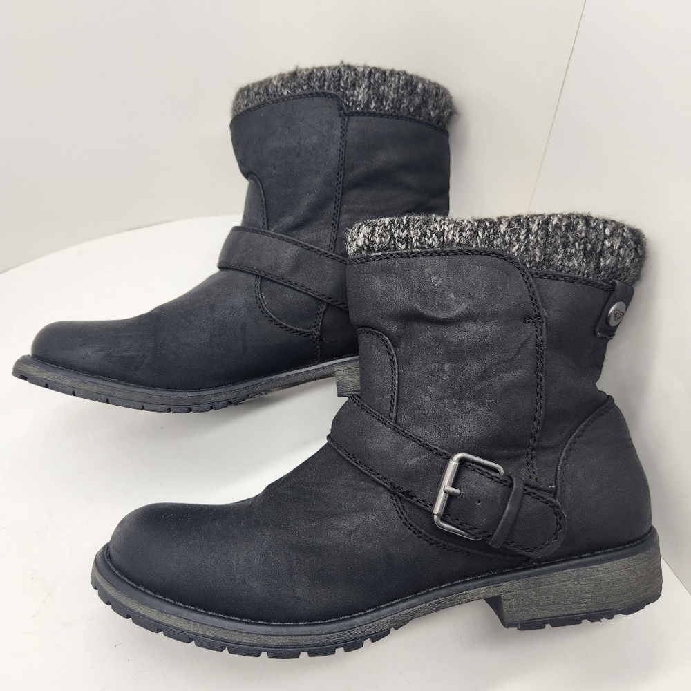 Ankle boots women's 11 black vegan leather faux fur grey knit trim thermal biker